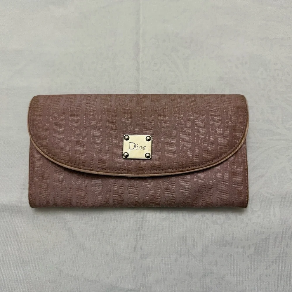 Dior Pink Brown Logo Jacquard Continental Wallet